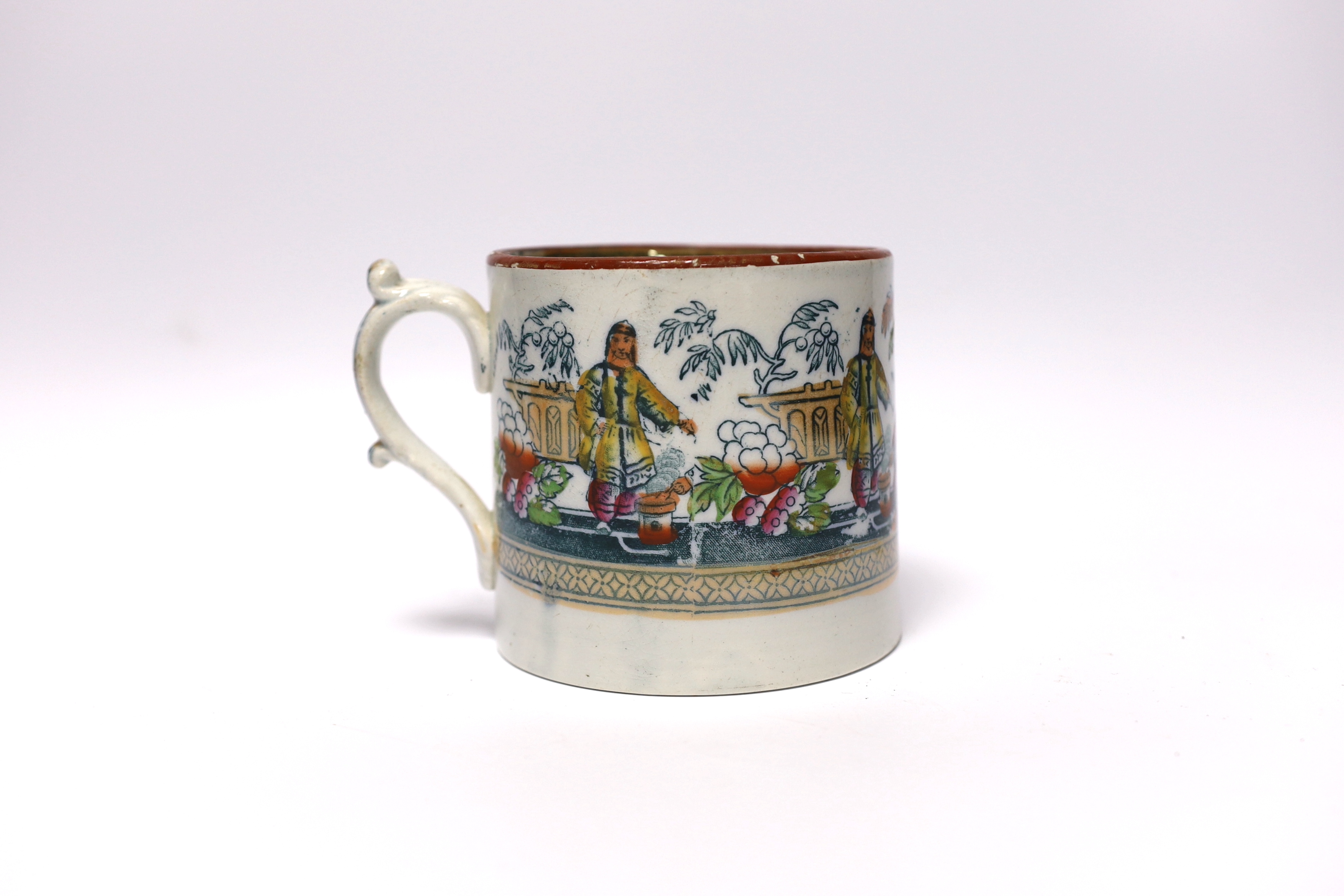 A mid 19th century Staffordshire ironstone cylindrical large tankard decorated with Chinese figures and motifs (E and H), 10cm
